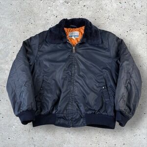 Vtg 70s Sears Work Leisure Bomber Flight Jacket Large‎ Navy Blue Faux Fur Collar